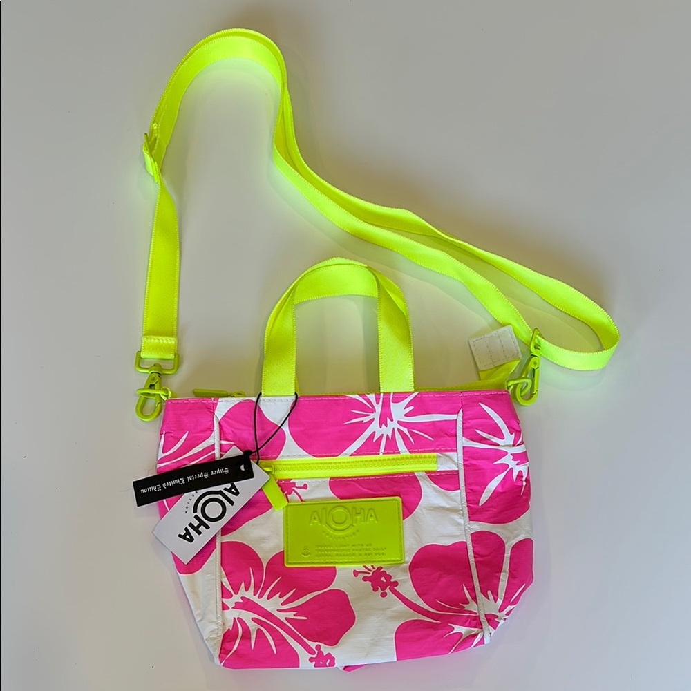 ALOHA Collection Neon Yellow Strap Pink Floral Mini Bag